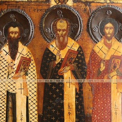Старинная икона Три Вселенских Святителя и учителя, 