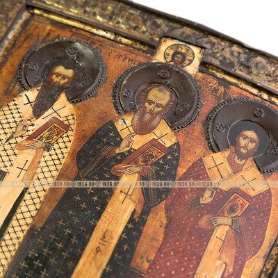 Старинная икона Три Вселенских Святителя и учителя, 