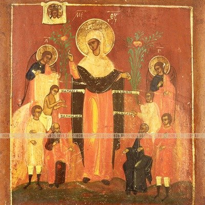 Старинная деревянная икона Богородицы Всех Скорбящих Радость c образом Христа Спас Нерукотворный на древней ковчежной доске. Россия, доска XVII век, живопись XIX век. DR0290.