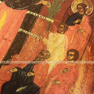 Старинная деревянная икона Богородицы Всех Скорбящих Радость c образом Христа Спас Нерукотворный на древней ковчежной доске. Россия, доска XVII век, живопись XIX век. DR0290.