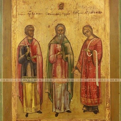 Старинная икона для сохранения семьи и семейного счастья святые мученики и исповедники Гурий, Самон и Авив, икона в подарок на свадьбу. Россия, Мстера, XIX век, DR0292.