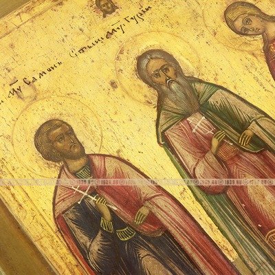 Старинная икона для сохранения семьи и семейного счастья святые мученики и исповедники Гурий, Самон и Авив, икона в подарок на свадьбу. Россия, Мстера, XIX век, DR0292.