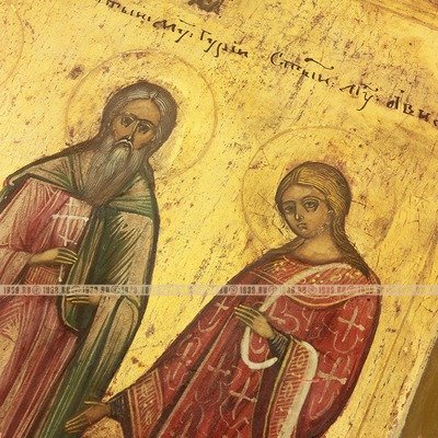 Старинная икона для сохранения семьи и семейного счастья святые мученики и исповедники Гурий, Самон и Авив, икона в подарок на свадьбу. Россия, Мстера, XIX век, DR0292.
