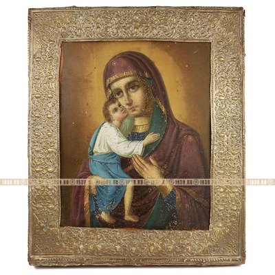 Старинная икона Пресвятой Богородицы Фодоровская в басменном окладе. Россия, XIX век. DR0273.