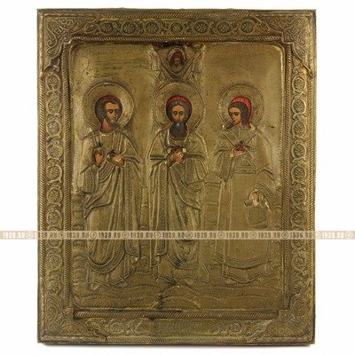 Старинная икона в окладе, фабрика Крестьянинова в Мстере: святые мученики, покровители семьи и брака Гурий Самон и Авив. Россия, Мстера, XIX век. DR0275.