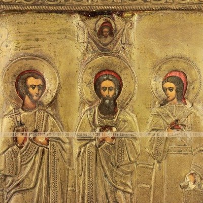 Старинная икона в окладе, фабрика Крестьянинова в Мстере: святые мученики, покровители семьи и брака Гурий Самон и Авив. Россия, Мстера, XIX век. DR0275.