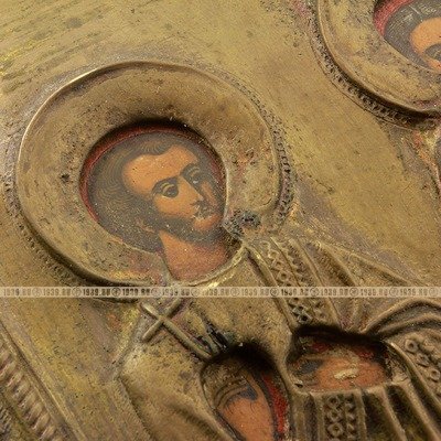 Старинная икона в окладе, фабрика Крестьянинова в Мстере: святые мученики, покровители семьи и брака Гурий Самон и Авив. Россия, Мстера, XIX век. DR0275.