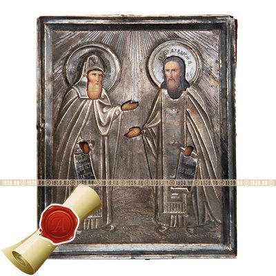 Старинная икона Преподобные Антоний и Феодосий Печёрские Чудотворцы, в серебряном окладе 84 пробы. Россия, Москва 1890-1896 год.