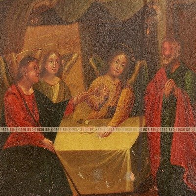 Редкая старинная деревянная икона Ветхозаветная Троица, Гостеприимство Авраамово. Россия XIX век. D0007.