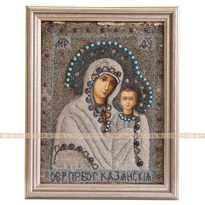 Редкая старинная икона Казанской Божией Матери в окладе расшитом бисером. Святая Земля, Елеонский монастырь 1885-1906 годы.