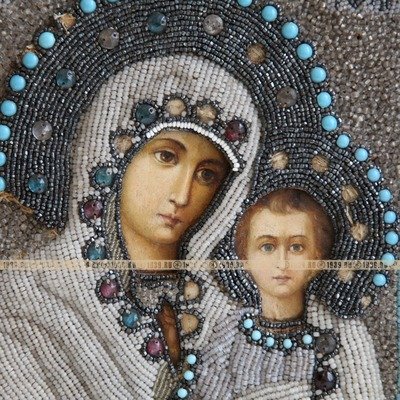 Редкая старинная икона Казанской Божией Матери в окладе расшитом бисером. Святая Земля, Елеонский монастырь 1885-1906 годы.