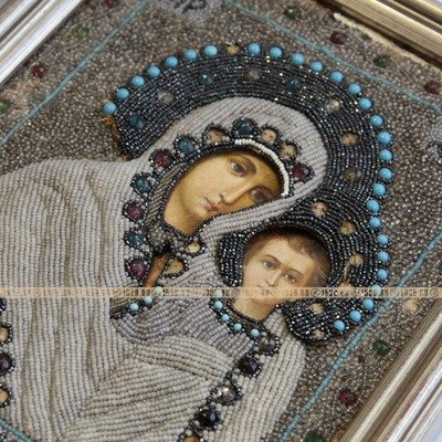 Редкая старинная икона Казанской Божией Матери в окладе расшитом бисером. Святая Земля, Елеонский монастырь 1885-1906 годы.