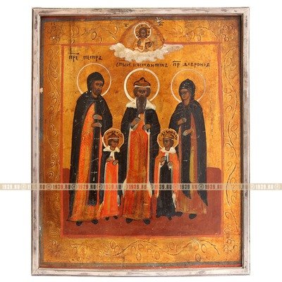 Старинная икона покровителей счастливого брака. Святые Петр и Феврония со святым Константином, Феодором и Михаилом. Россия XIX век.