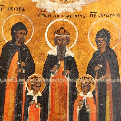Старинная икона покровителей счастливого брака. Святые Петр и Феврония со святым Константином, Феодором и Михаилом. Россия XIX век.