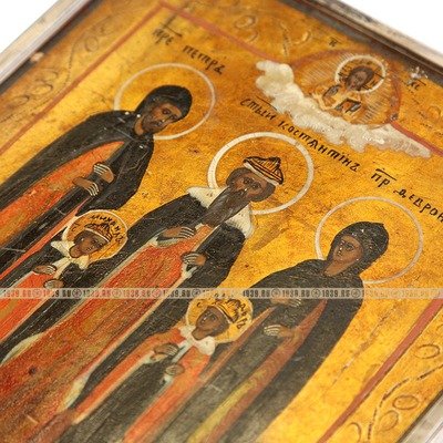 Старинная икона покровителей счастливого брака. Святые Петр и Феврония со святым Константином, Феодором и Михаилом. Россия XIX век.