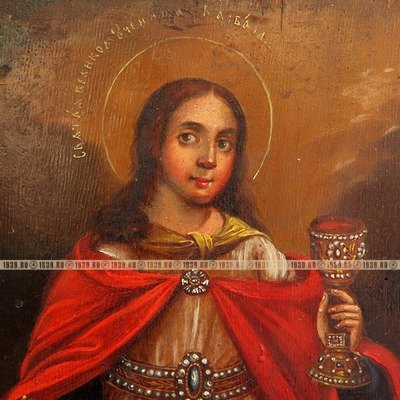 Красивая старинная икона Святая Варвара Великомученица с мечом и потиром. Россия, рубеж XVIII-XIX веков.
