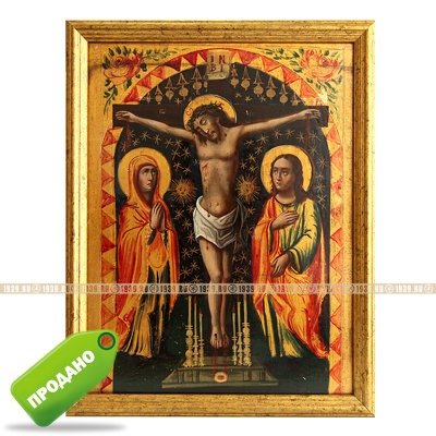 Старинная намоленная паломническая икона Распятие Господа Иисуса Христа. Святая Земля, Иерусалим XIX Век.