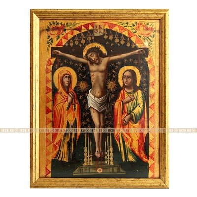 Старинная намоленная паломническая икона Распятие Господа Иисуса Христа. Святая Земля, Иерусалим XIX Век.