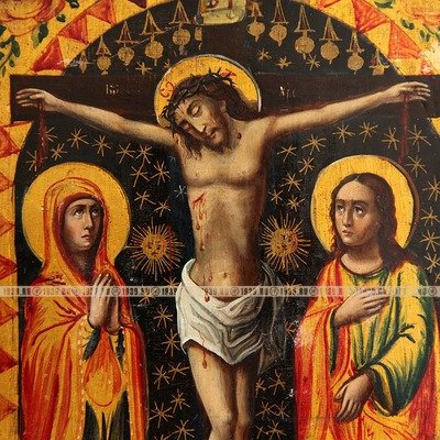 Старинная намоленная паломническая икона Распятие Господа Иисуса Христа. Святая Земля, Иерусалим XIX Век.