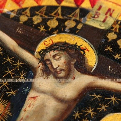 Старинная намоленная паломническая икона Распятие Господа Иисуса Христа. Святая Земля, Иерусалим XIX Век.