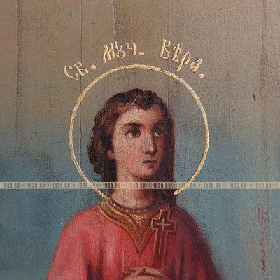 Старинная икона Святой Алексей Человек Божий, святая мученица Вера и святая Евлампия. Россия 1860-1880 год