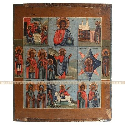 Старинная намоленная икона «Домашний иконостас с избранными святыми покровителями и защитниками». Россия, Вологодские земли XIX век.