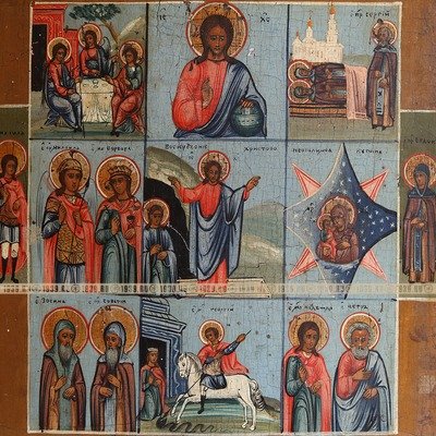 Старинная намоленная икона «Домашний иконостас с избранными святыми покровителями и защитниками». Россия, Вологодские земли XIX век.