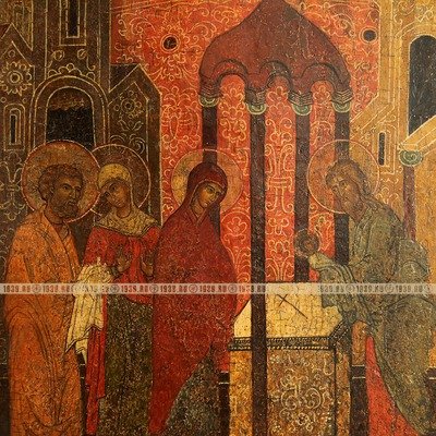 Древняя намоленная икона Сретение Господне из Праздничного чина иконостаса. Россия, Поволжье XVII век.
