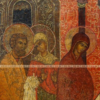 Древняя намоленная икона Сретение Господне из Праздничного чина иконостаса. Россия, Поволжье XVII век.