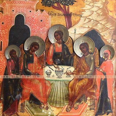 Старинная икона Святая Троица или Троица Ветхозаветная (Гостеприимство Авраама). Россия, Мстера XIX век.