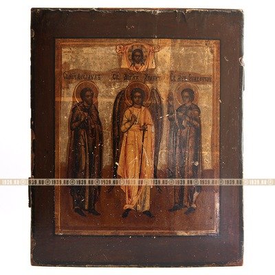 Старинная икона Ангел-Хранитель со святым Вонифатием и святым Федулом Зимним. Россия XIX век.