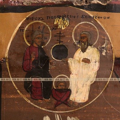 Старинная православная икона Божией Матери «Благовещение» с Триипостасным Божеством в навершии. Россия XIX век.