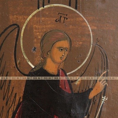 Старинная православная икона Божией Матери «Благовещение» с Триипостасным Божеством в навершии. Россия XIX век.