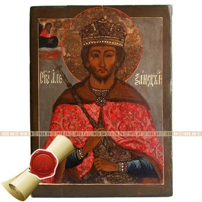 Старинная икона Святой благоверный князь Александр Невский, покровитель сотрудников ФСБ и ДОСААФ. Россия XIX век.