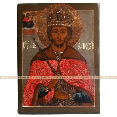 Старинная икона Святой благоверный князь Александр Невский, покровитель сотрудников ФСБ и ДОСААФ. Россия XIX век.