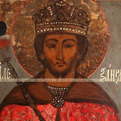 Старинная икона Святой благоверный князь Александр Невский, покровитель сотрудников ФСБ и ДОСААФ. Россия XIX век.