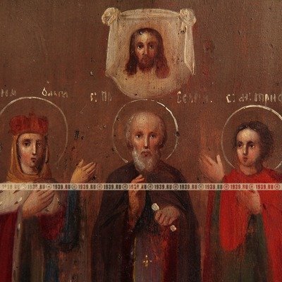Старинная икона Святая Княгиня Ольга, Святой Сергий Радонежский и Святой Трифон. Россия XIX век.