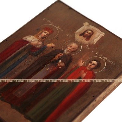 Старинная икона Святая Княгиня Ольга, Святой Сергий Радонежский и Святой Трифон. Россия XIX век.