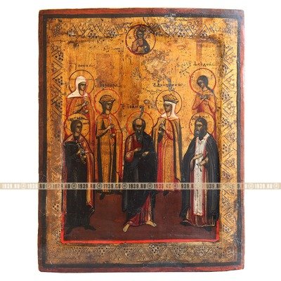 Старинная икона Небесные покровители, Святые Иоанн Богослов, Пантелеимон, Серафим, Екатерина, Варвара, Ульяна и Феодосия. Россия 1840-1850 год