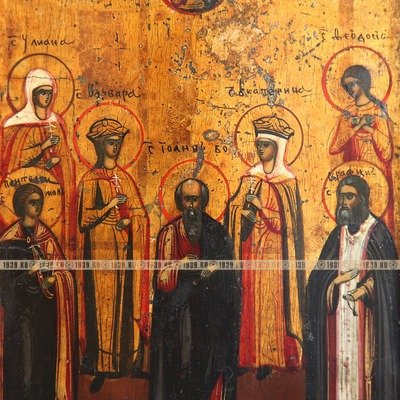 Старинная икона Небесные покровители, Святые Иоанн Богослов, Пантелеимон, Серафим, Екатерина, Варвара, Ульяна и Феодосия. Россия 1840-1850 год