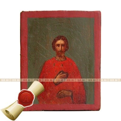 Старинная икона Святой благоверный князь Александр Невский в красной рубахе, «Не в силе Бог, а в правде». Россия 19 век.