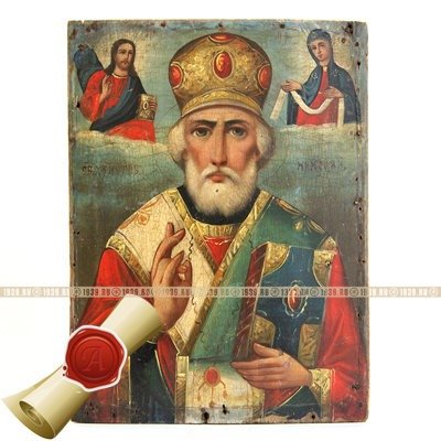 Cтаринная икона святой Николай Чудотворец в епископской митре. Россия 19 век.