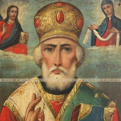 Cтаринная икона святой Николай Чудотворец в епископской митре. Россия 19 век.
