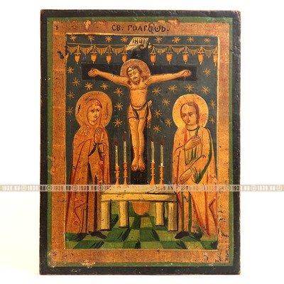 Старинная намоленная икона Распятие Господа Иисуса Христа из Храма Гроба Господня. Иерусалим 19 Век.