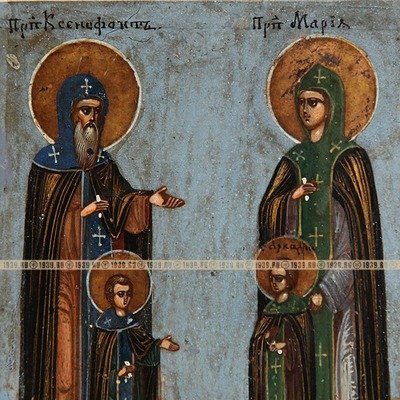 Старинная икона Святые Ксенофонт и Мария с сыновьями. Икона для поиска потеряных людей. Россия 1907 год