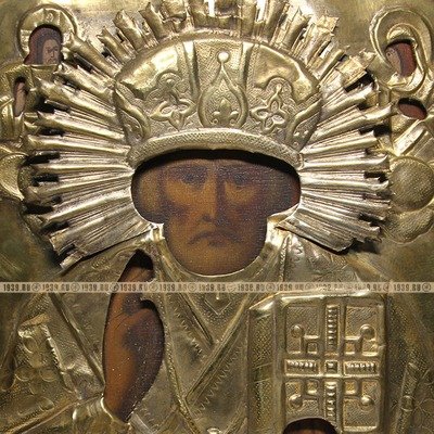 Cтаринная икона святой Николай Чудотворец в латунном окладе. Россия 19 век