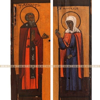 старинная икона Богородица «Всех Скорбящих Радость» со Святой Наталией и Святым Феодором. Россия 19 век