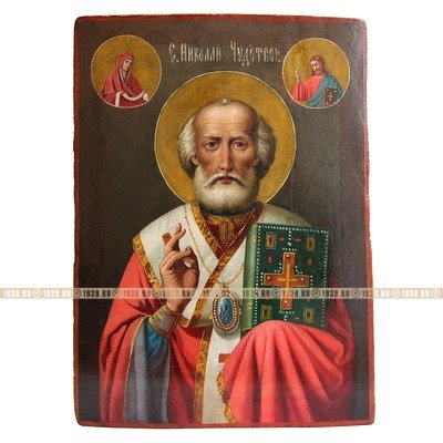 Cтаринная деревянная икона святой Николай Чудотворец в алых одеждах. Россия 19 век.