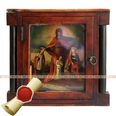 Старинная икона Святые мученицы Вера, Надежда, Любовь и мать их София Римские в оригинальном киоте. Россия 19 век.