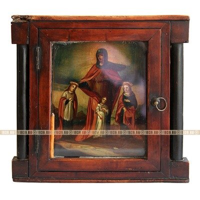Старинная икона Святые мученицы Вера, Надежда, Любовь и мать их София Римские в оригинальном киоте. Россия 19 век.